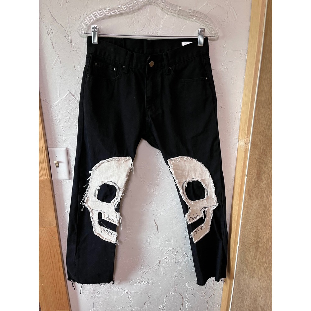 mnml Mens Black Skull Patch Denim‎ Jeans Raw Hem Size 29 Streetwear Punk Grunge